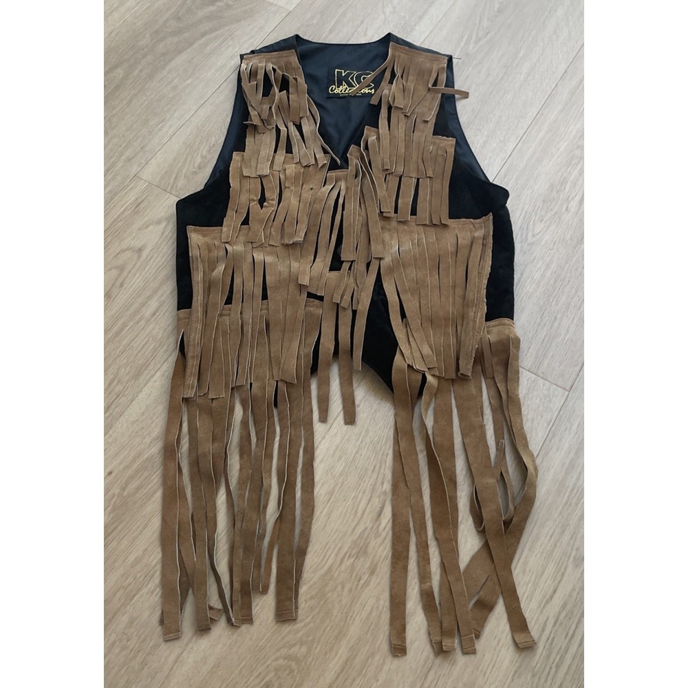 Black Suede Vest w/Brown Fringe Women's Large Western Genuine Leather